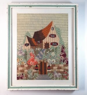 Vintage Crewel Needlepoint Pretty Cottage Scene 14" x 17"